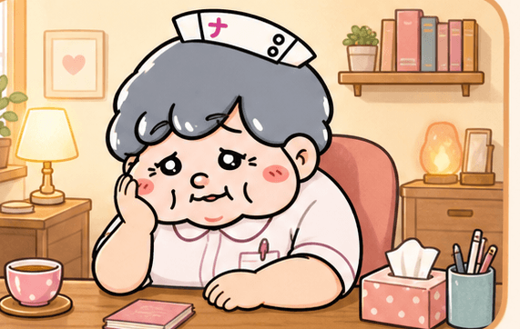 カンゴさんが心配そうな表情で深い悩みを受け止めているイラスト
